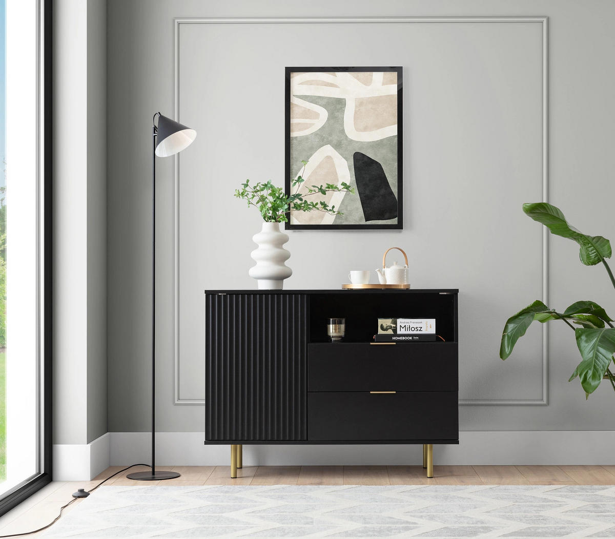 KOMMODE Nubia K1D2S Schwarz - Goldfarben/Schwarz, Holzwerkstoff/Metall (107/80/41cm) - Ravio