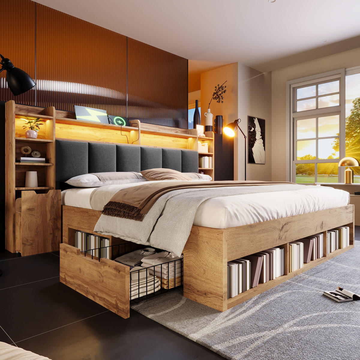 DOPPELBETT 180/200 cm mit LED-Beleuchtung, USB- und USB-C-Anschlüssen, Stauraum und Rollschubladen, Eichefarben - Eichefarben, Holzwerkstoff (180/200cm) - Redom