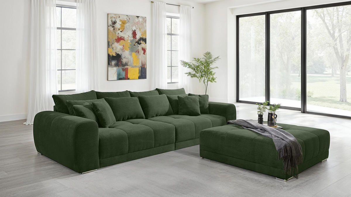 BIG-SOFA Federkern B306/T134/H86 cm, Liegefläche 120x240 cm, Cord Grün / 15172 - Chromfarben/Grün, Textil/Metall (306/86/134cm) - luma-home