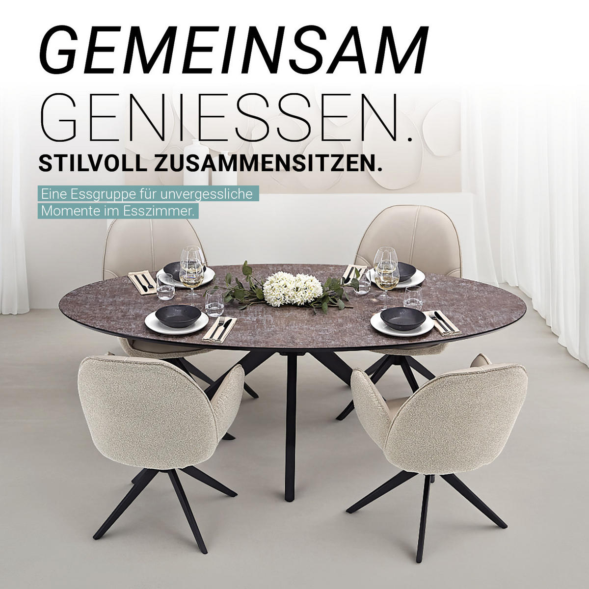 TISCHGRUPPE oval schwarz mit 4 Stühle Beige - Beige, Metall (95/90/200cm) - Homestyle4u