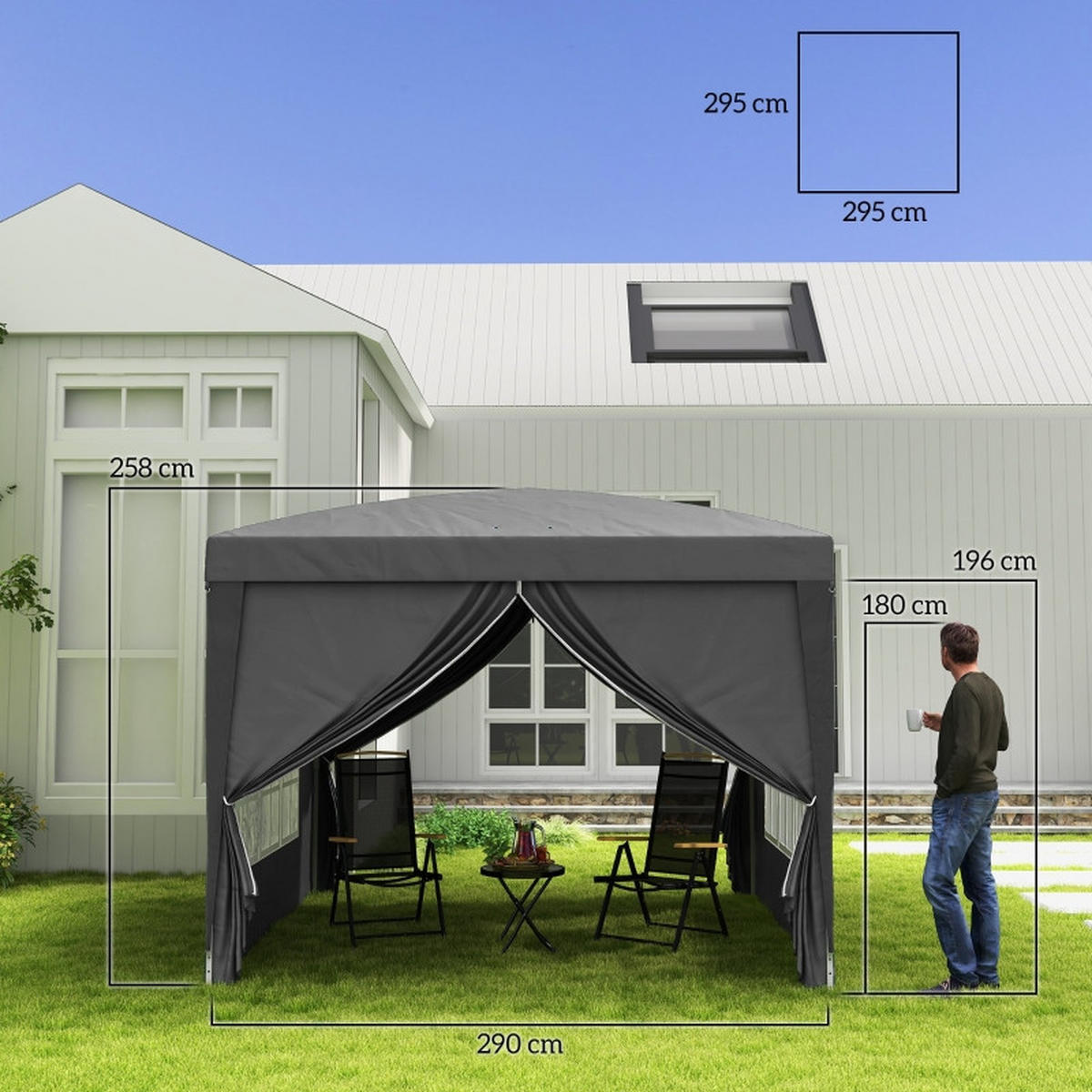 PAVILLON 3x3 m 4 Seitenwände Fenster UV Schutz grau - Grau, Textil (295/258/295cm) - LEBENLANG