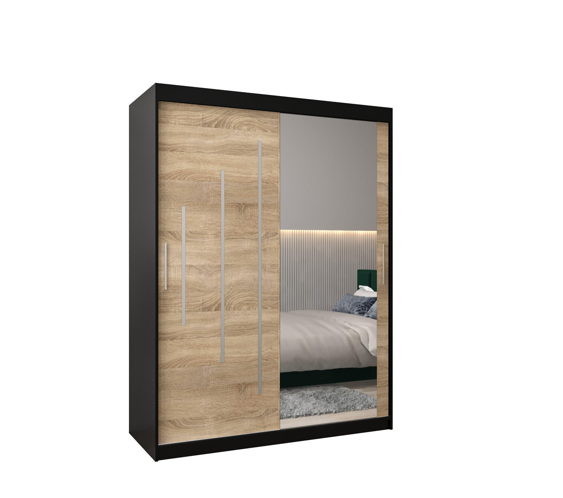 Abiks Möbel Schwebetürenschrank Schwarz, Sonoma Eiche 150x200x62 cm