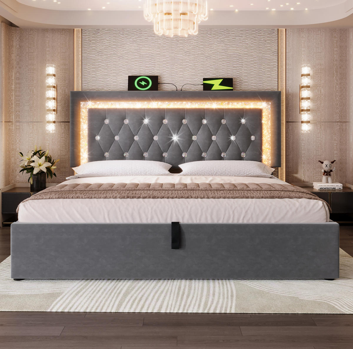 POLSTERBETT 180/200 cm Grau mit LED-Diamantstreifen USB- und Type-C-Anschlüssen, hydraulischem Stauraum - Grau, Textil (180/200cm) - OKWISH