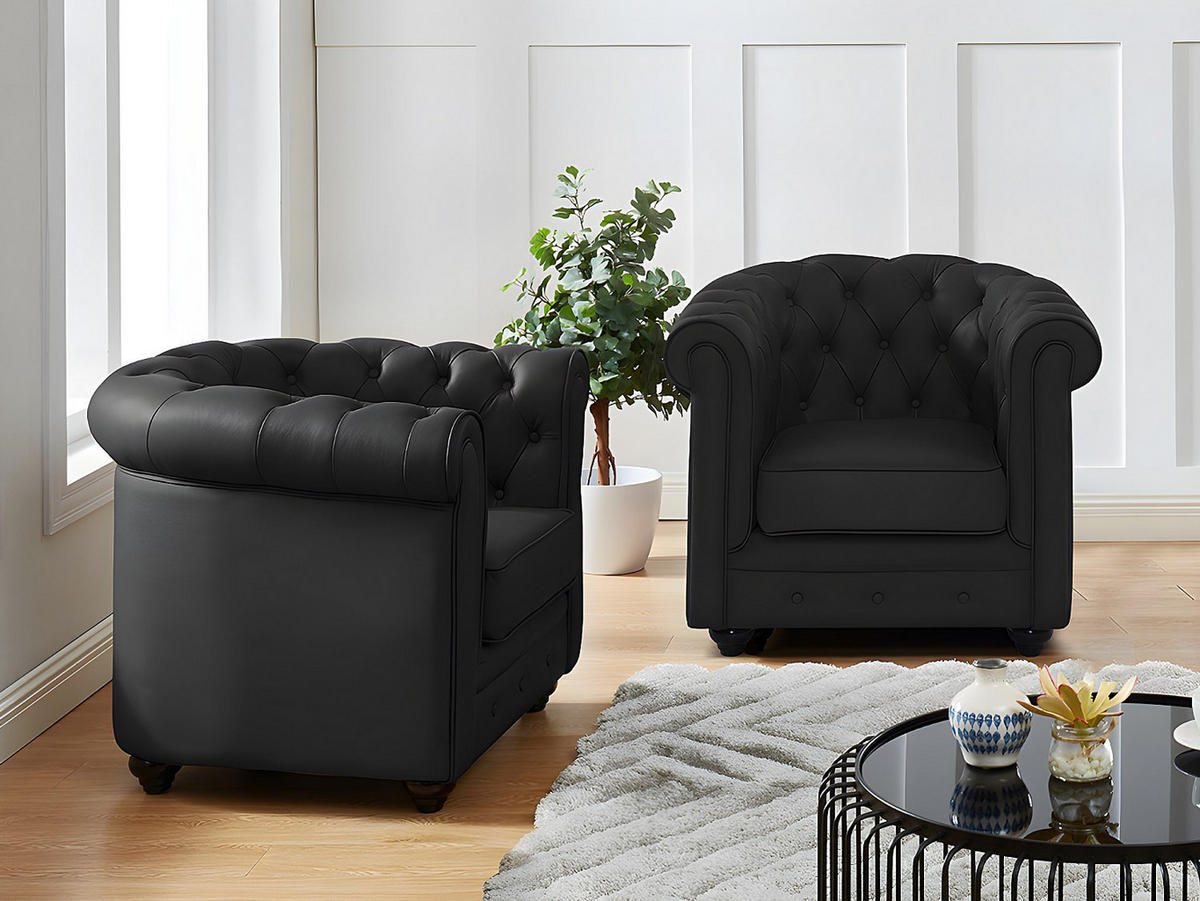 SESSEL mit gerader Rückenlehne - 2 Personen - leder - schwarz Chesterfield - Schwarz, Leder (82/72/78cm) - Vente-Unique