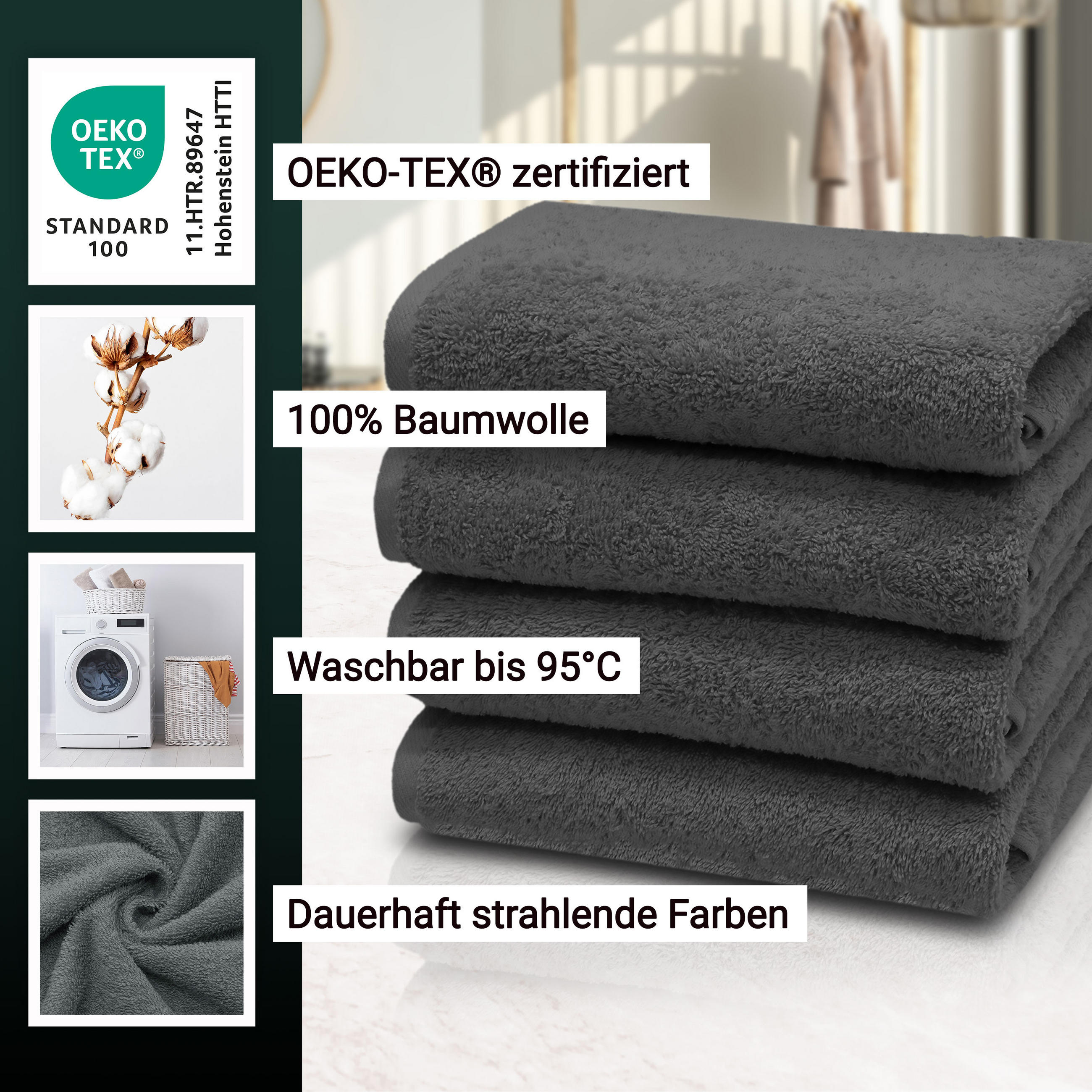 HANDTÜCHER, 4er-Set, 50x100 cm, 100% Baumwolle, Grau - Graphitfarben, Textil (50/100cm) - Zollner