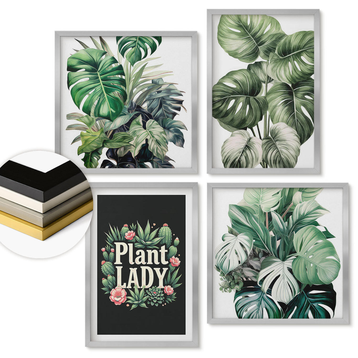 WANDBILDER 4er Set - 50x50 cm & 40x60 cm Silberner Rahmen - Tropische Pflanzen, Pflanzenliebhaberin - Silberfarben, Kunststoff (50/50cm) - ArtPrintCave