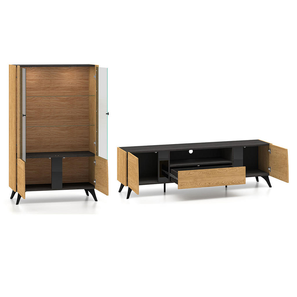 Thumbnail - Feldmann-Wohnen Wohnzimmer-Set, Braun, Schwarz, Holz, 1 Schubladen, Rechteckig, 275x152x40 cm, Wohnzimmer, Wohnwände, Wo...