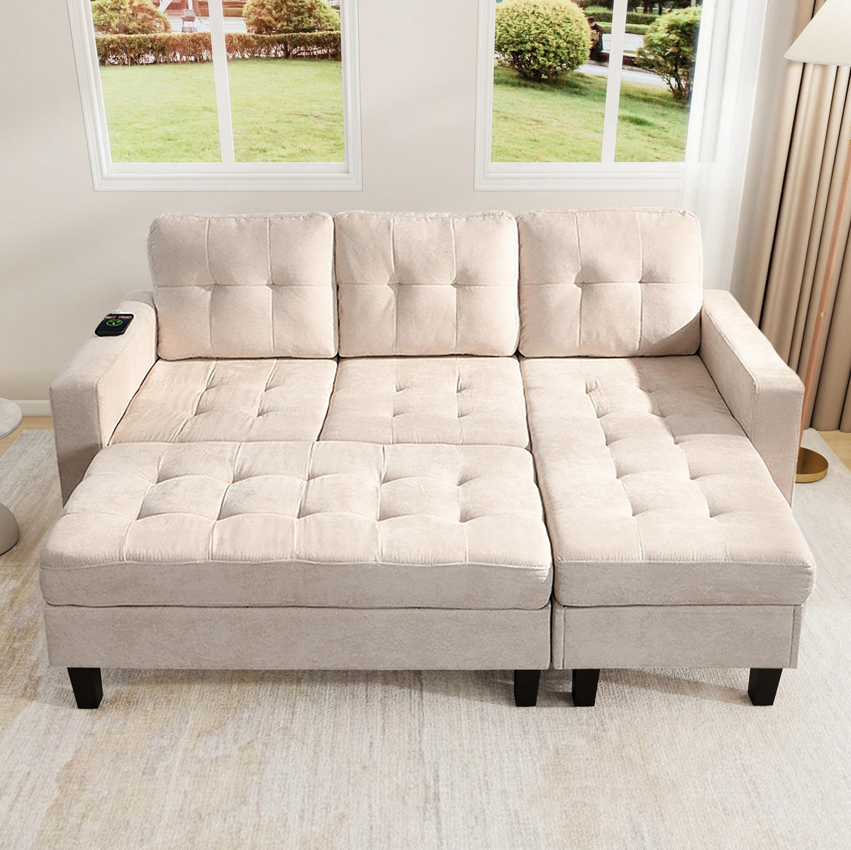 ECKSOFA 185/135/85 cm beige aus Chenille mit LED, USB und Fußhocker - Beige, Kunststoff (135/185cm) - OKWISH