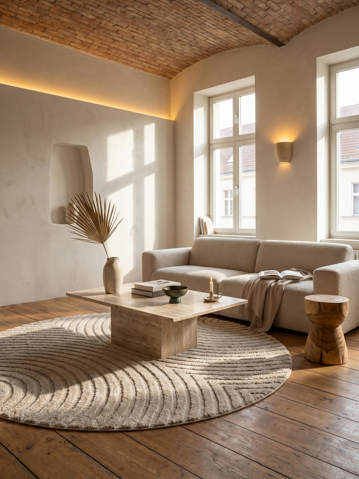 TEPPICH Wohnzimmer Hoch-Tief 3D-Effekt Organische Bögen mit 3D-Effekt OEKO-TEX 3D-Relief Boho Rund Beige 200x200 – RIGI - Beige, Textil (200/200cm) - KADIMA DESIGN