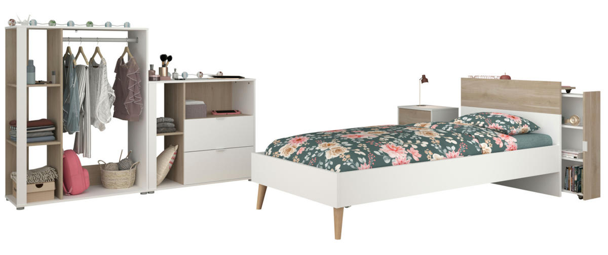 JUGENDZIMMER weiß, Eiche, Komplett-Set 5-teilig mit vielen Fächern - Eichefarben/Weiß, Holzwerkstoff (95/123/206cm) - Parisot Meuble
