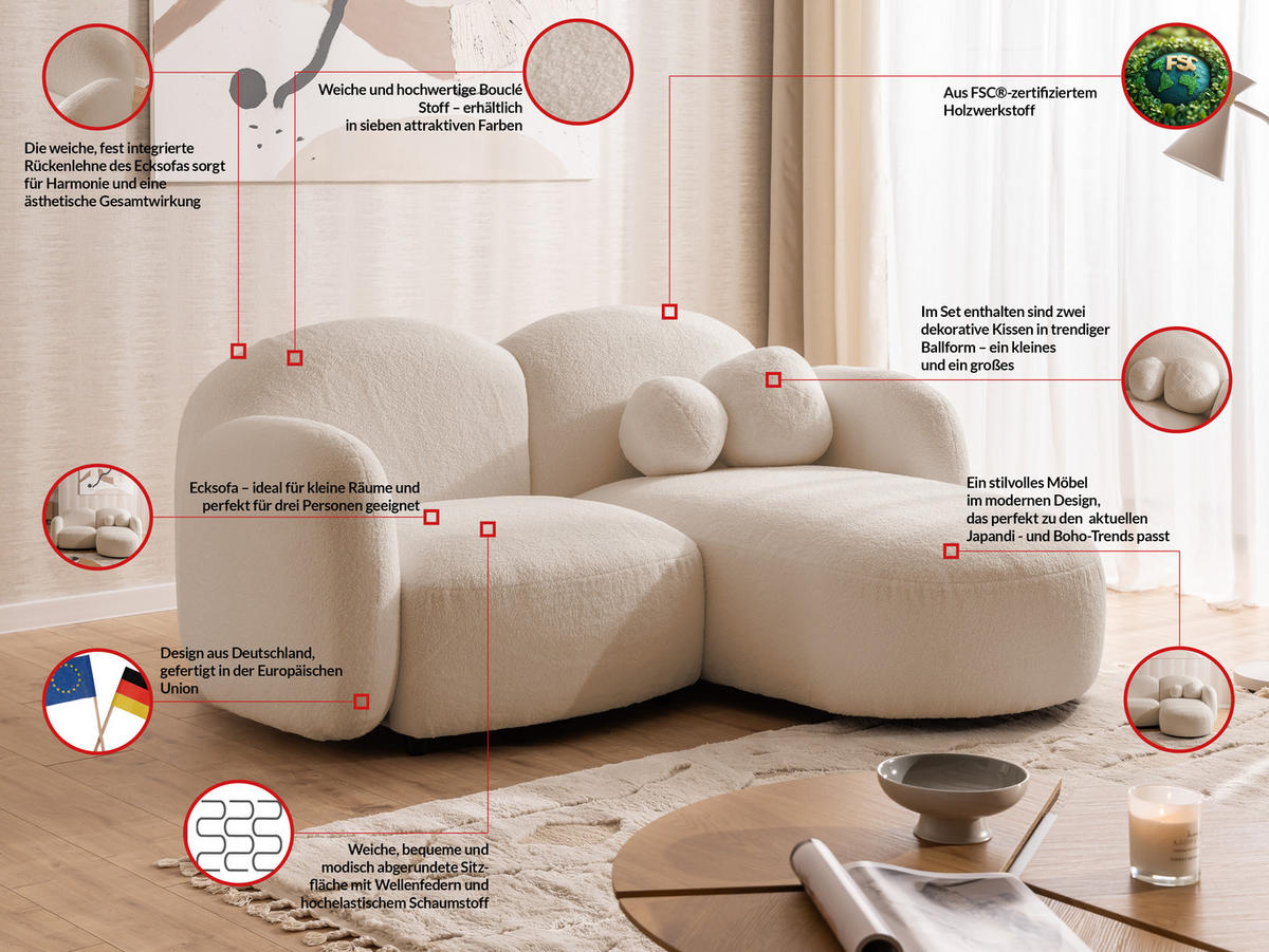 ECKSOFA Nuvola mit abgerundetem Design Hellbeige Bouclé-Stoff - Ottomane Rechts - Beige/Schwarz, Holz/Kunststoff (190/146cm) - S-Style Möbel