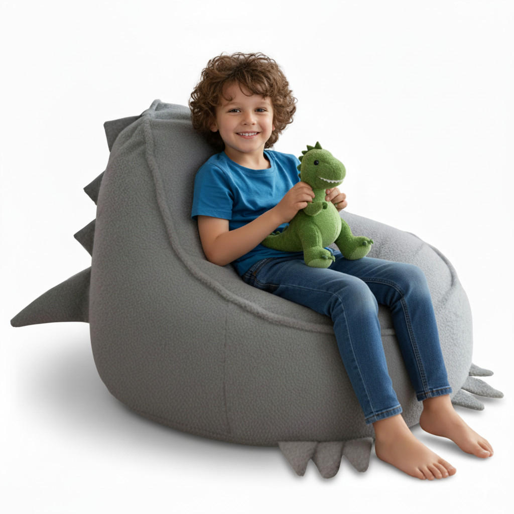 SITZSACK FÜR KINDER Dino 75/75/55 cm, weicher Bouclé 315 g/m², abnehmbarer Bezug, Pearl Grey - Hellgrau, Textil (75/55/75cm) - Dreamroots