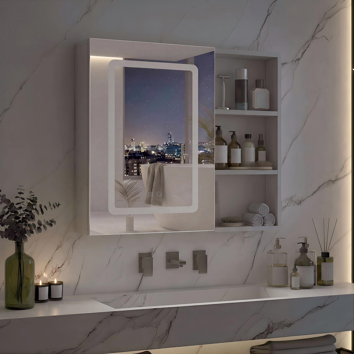 SPIEGELSCHRANK LED 60x60cm 1-türig mit verstellbaren Böden - Weiß, Glas (60.2/60.2/15.2cm) - SHOPENTRA
