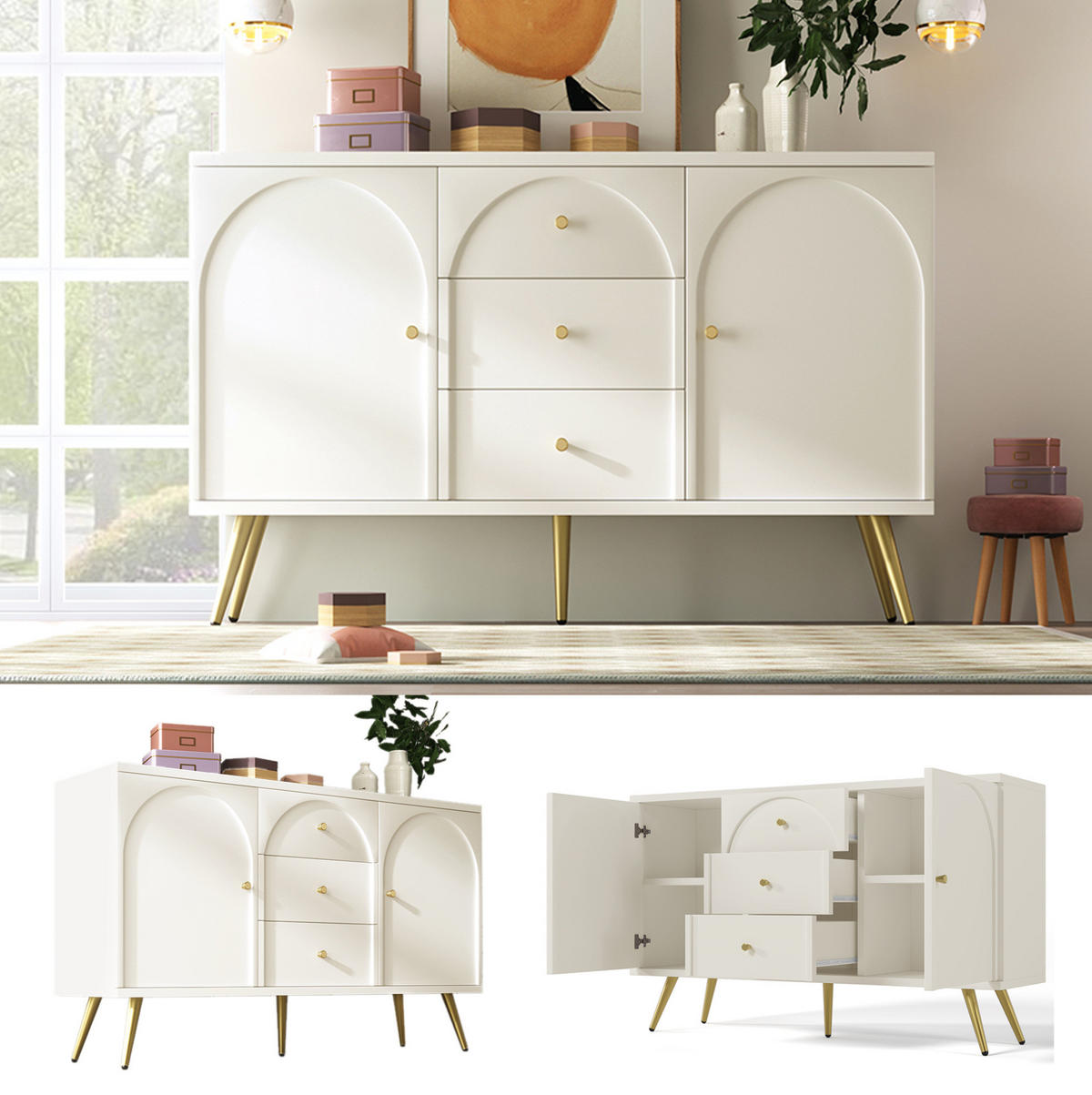 KOMMODE 140/84/40 cm Creme-Weiß aus Holz und Metall mit verstellbarem Fachboden - Weiß, Holz (84/40/140cm) - OKMYHOME