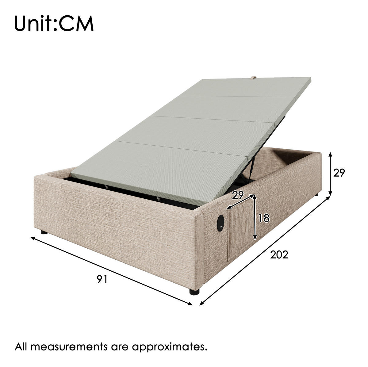 BETT mit Stauraum 90x200 cm Leinen Beige+Natural - Beige, Metall (90/200cm) - Meubliv