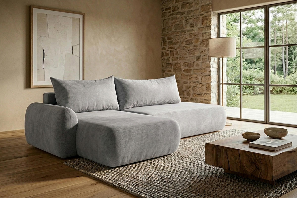 ECKSOFA Mit Schlaffunktion Und Bettkasten, Velvet-Stoff Vena, Grau, Links, HELA I - Grau, Holz (302/184cm) - Kaiser Möbel