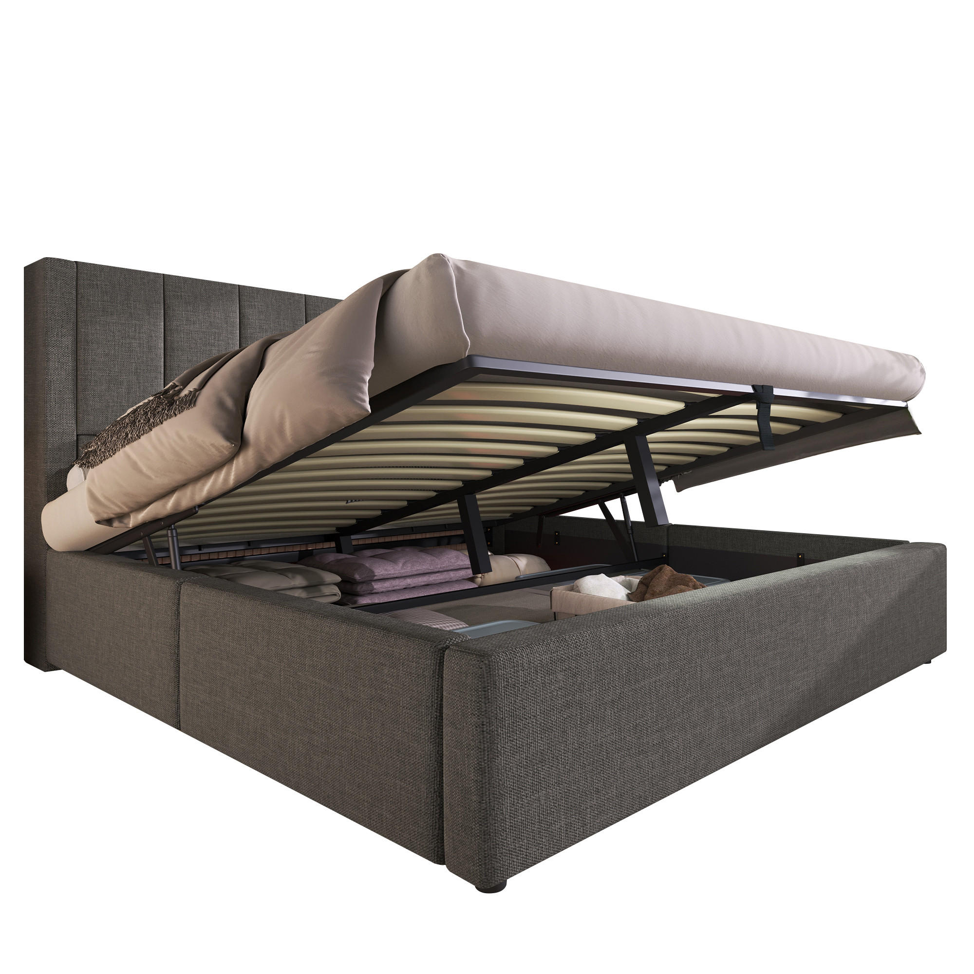 POLSTERBETT 160/200 cm mit Ladestation, verstecktem Becherhalter und Bettkasten, Leinen, Grau - Grau, Textil (160/200cm) - Redom