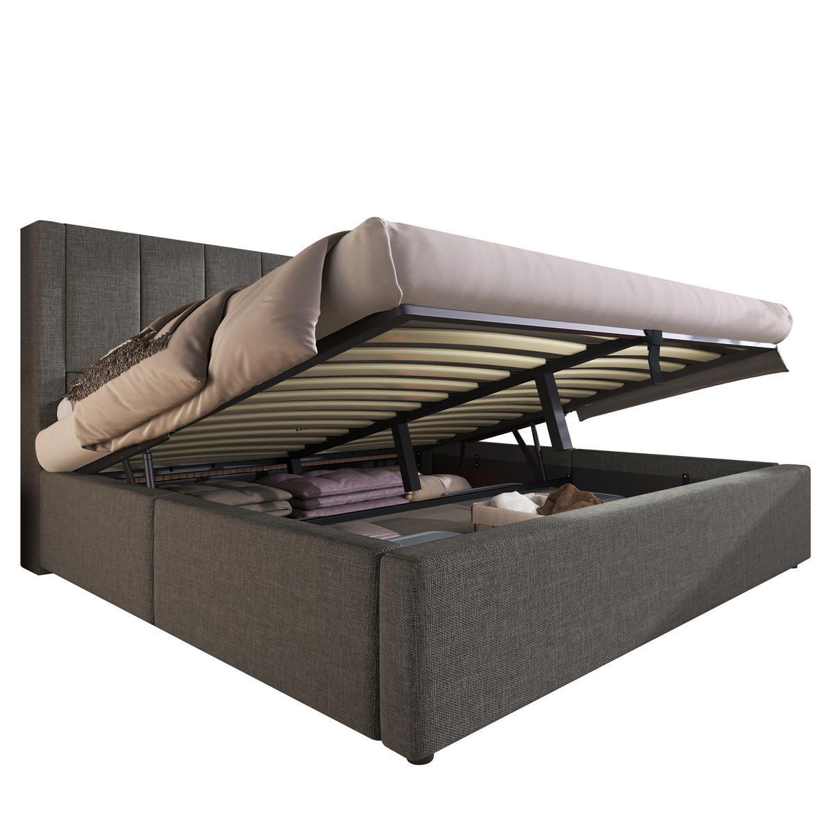 POLSTERBETT 160/200 cm Grau aus Leinen mit Stauraum und Ladestation - Grau, Textil (160/200cm) - OKWISH