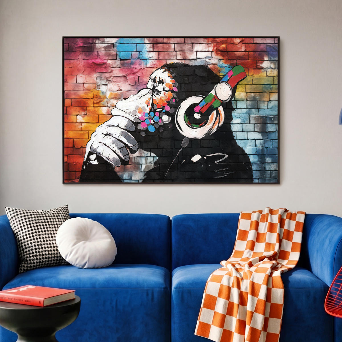 LEINWAND Bilder mit Rahmen - Affe - Graffiti - Musik - 90x60 - Multicolor, Textil (90/60cm) - MuchoWow