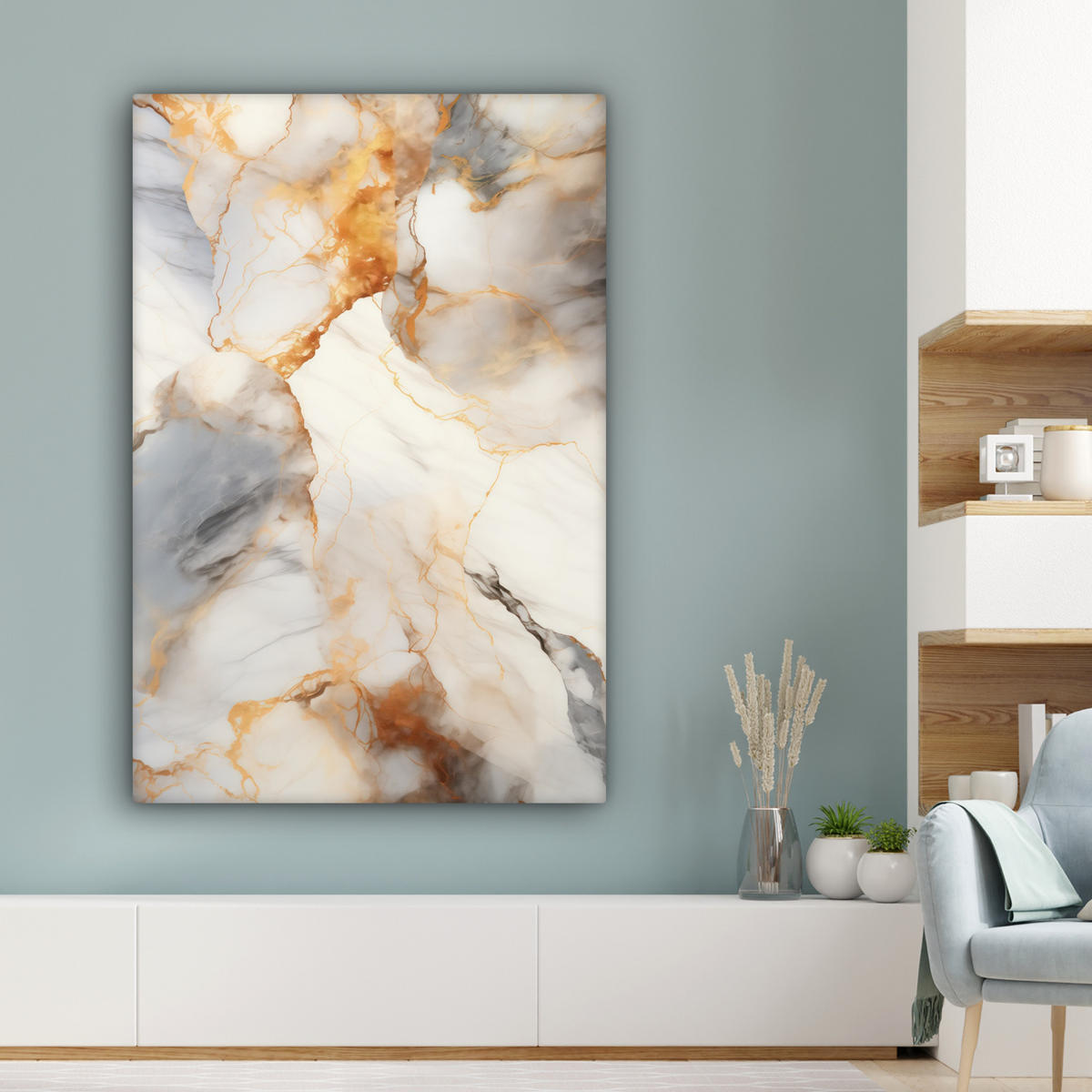 LEINWANDBILD Marmor - Grau - Gold Deko Groß 90x140 cm - Weiß, Textil (90/140cm) - MuchoWow