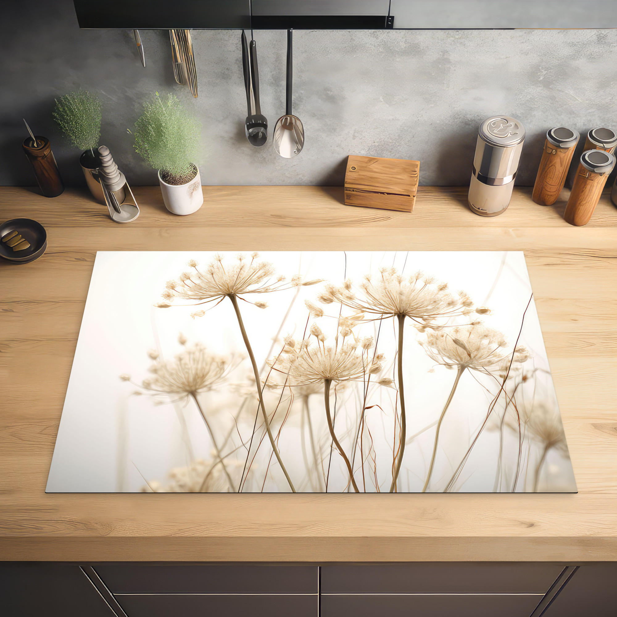 HERDABDECKPLATTE Blumen - Weiß - Sonnenlicht 81x52 cm - Ecru, Kunststoff (81/0.2/52cm) - MuchoWow