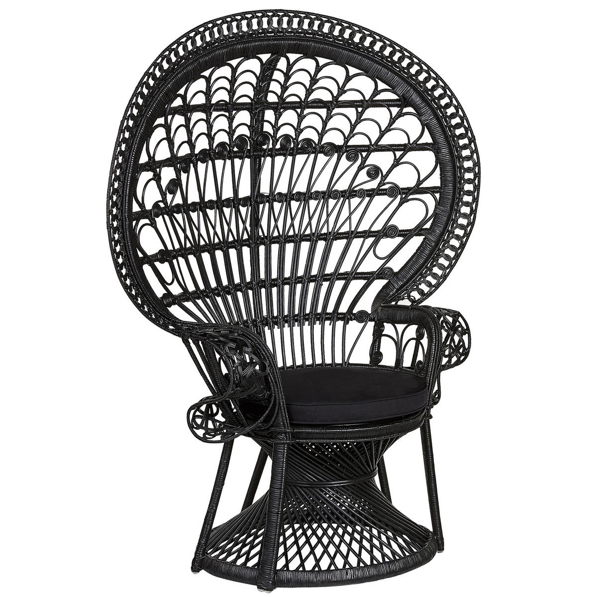 PFAUENSESSEL Rattan/Baumwolle schwarz Emmanuelle - Schwarz, Naturmaterialien/Textil (120/150/50cm) - Beliani