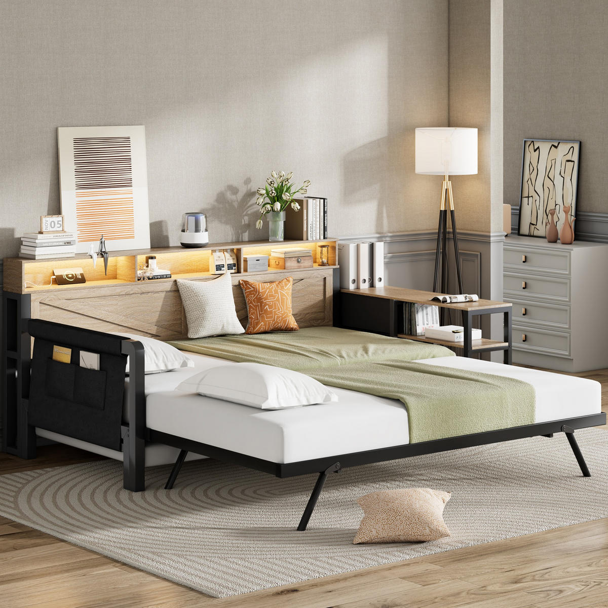 MULTIFUNKTIONSBETT 90/200 cm schwarz aus Metall mit Ausziehbett mit USB und LED - Schwarz, Holzwerkstoff (90/200cm) - OKWISH