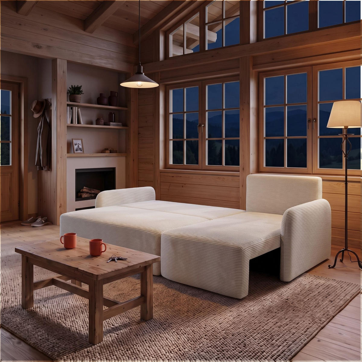 ECKSOFA CASPER L Rechts mit Schlaffunktion 132x198 Cord Creme - Creme/Schwarz, Holz/Kunststoff (145/217cm) - NACANAPA
