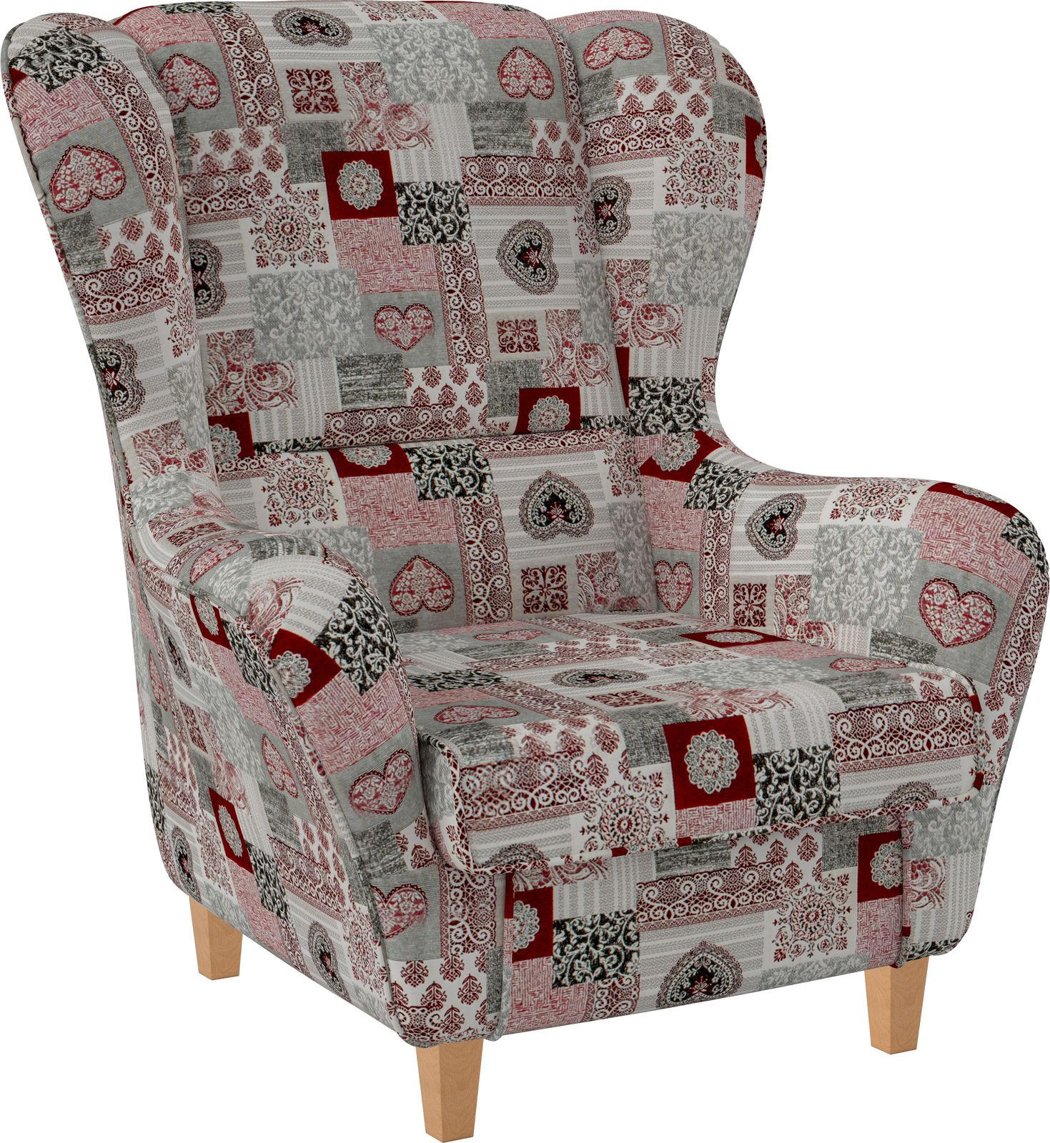 OHRENSESSEL Sofia Relaxsessel mit Hocker | Patchwork Ornamente, Herz Rot - Weinrot/Grau, Textil (92/68/95cm) - Supellex