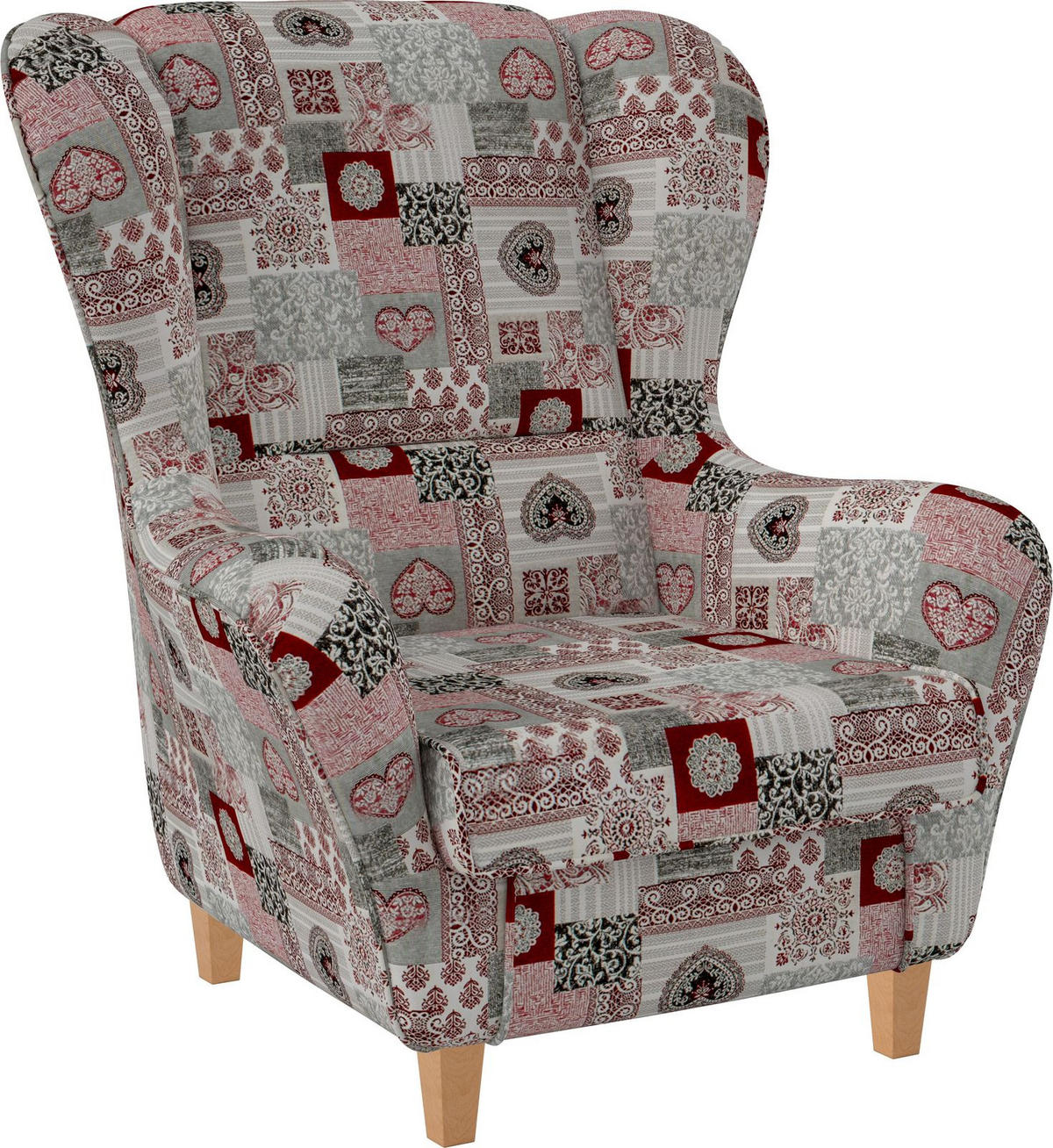 OHRENSESSEL Sofia Relaxsessel mit Hocker | Patchwork Ornamente, Herz Rot - Weinrot/Grau, Textil (92/68/95cm) - Supellex