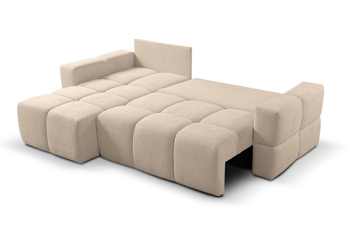 ECKSOFA LUSSO mit Schlaffunktion und Bettkasten, Farbe: Hellbraun, Bouclé-Stoff, Ottomane Universal - Hellbraun, Textil (255/165cm)