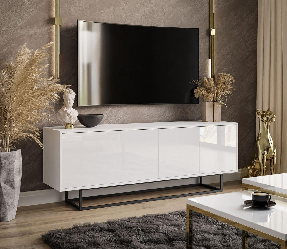 TV-ELEMENT SANAYI auf schwarzem Gestell / Hochglanz Weiß - Weiß, Holzwerkstoff (156/57/38cm) - Lookway