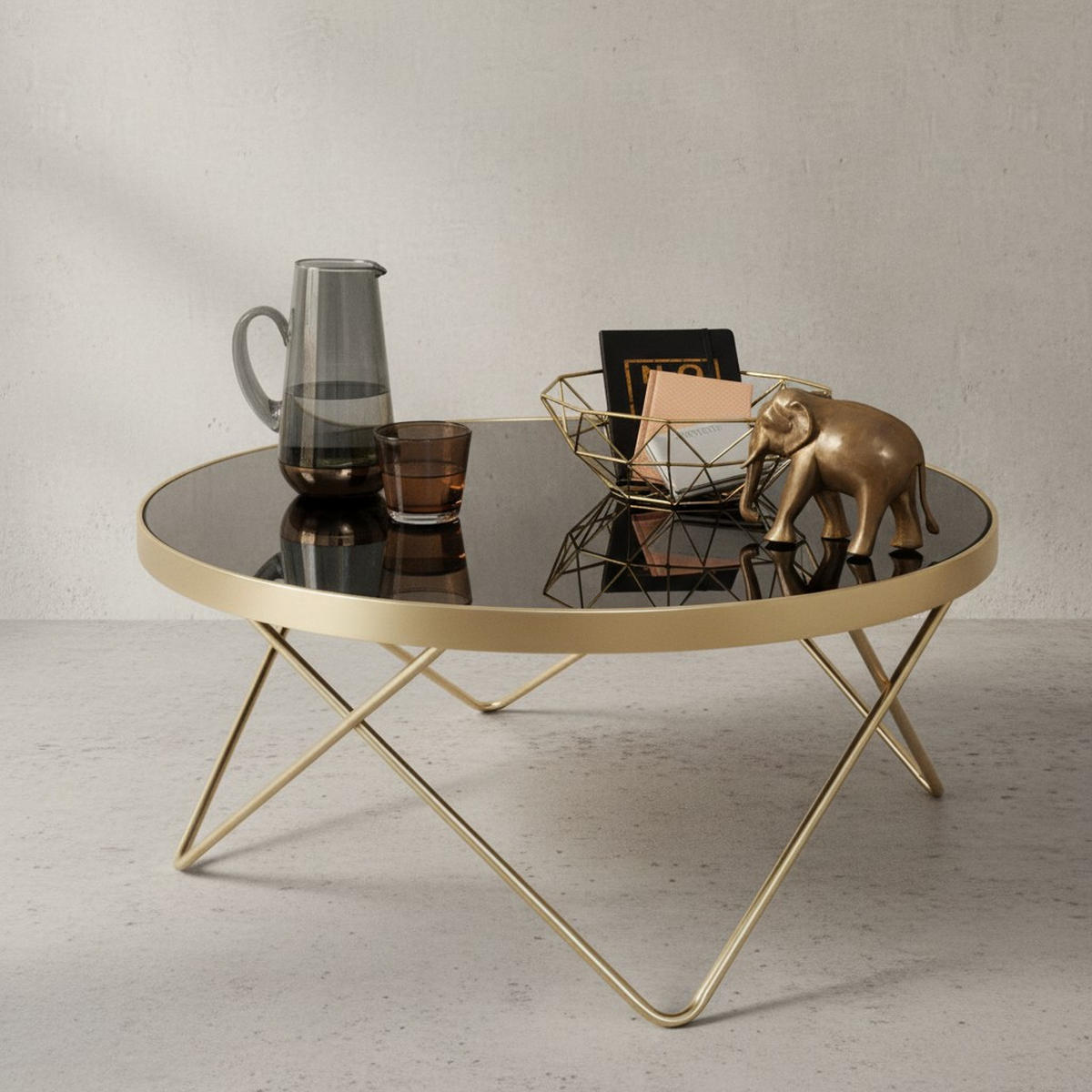 BEISTELLTISCH Schwarz Glasplatte Goldene Beine Retro-Stil 82cm Durchmesser - Goldfarben/Schwarz, Glas/Metall (82/82/39cm) - KADIMA DESIGN