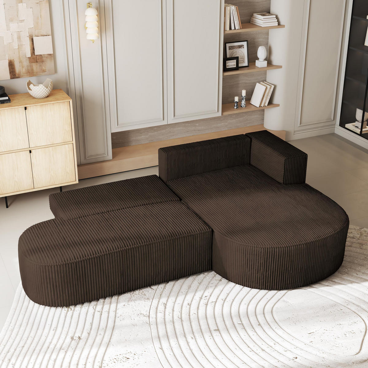 ECKSOFA CORTIO P R-S Braun Kordstoff mit Schlaffunktion - Braun, Holz (265/174cm) - MASSENO