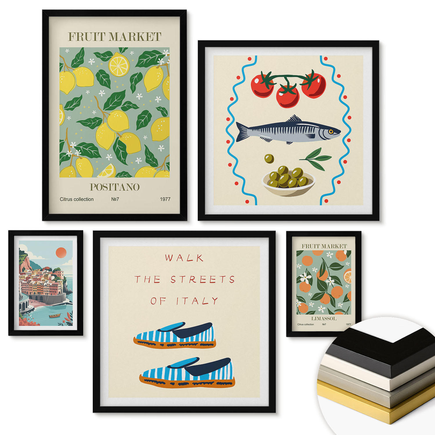WANDBILDER 5er-Set - 50x50 cm & 20x30 cm & 40x60 cm Schwarzer Rahmen - Italienische Poster mit Fruchtmotiven - Schwarz, Kunststoff (40/60cm) - ArtPrintCave