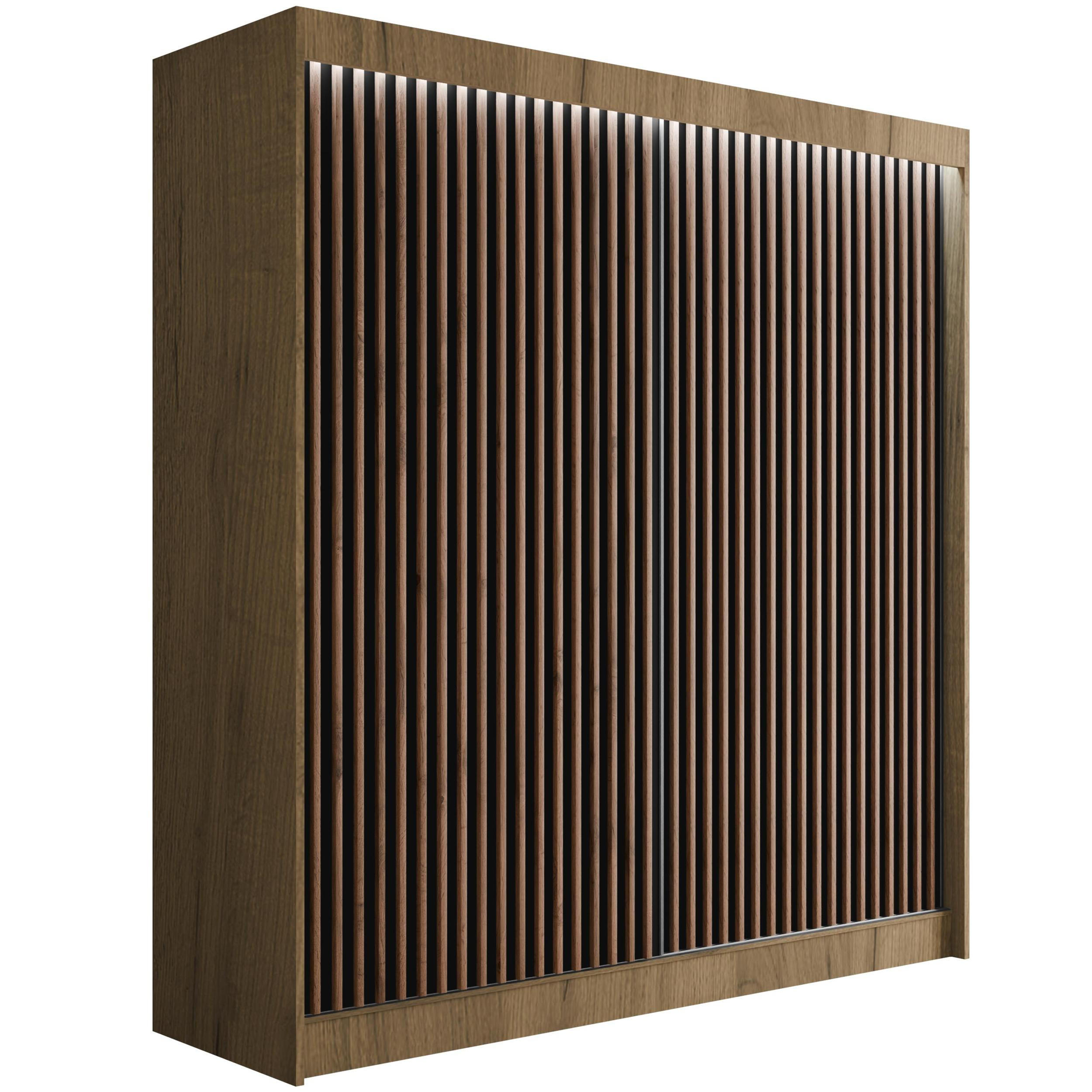 KLEIDERSCHRANK mit LED, Lamel-Schiebetüren VILANv2 - 200 cm Eiche Kraft + Lamelle Eiche Wotan - Hellbraun/Eiche Wotan, Holzwerkstoff (200/215/61cm) - ALTDECOR