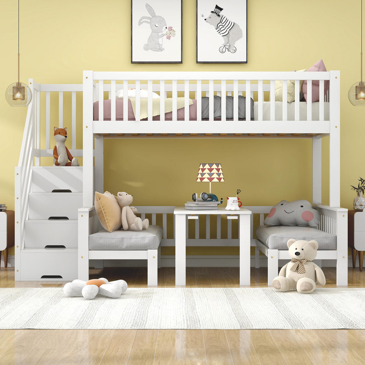 ETAGENBETT 90/200 cm & 120/200 cm in Weiß mit Stauraumtreppe, Tisch und Sicherheitsgeländer - Weiß, Holz/Holzwerkstoff (90/200cm) - CHICFURN