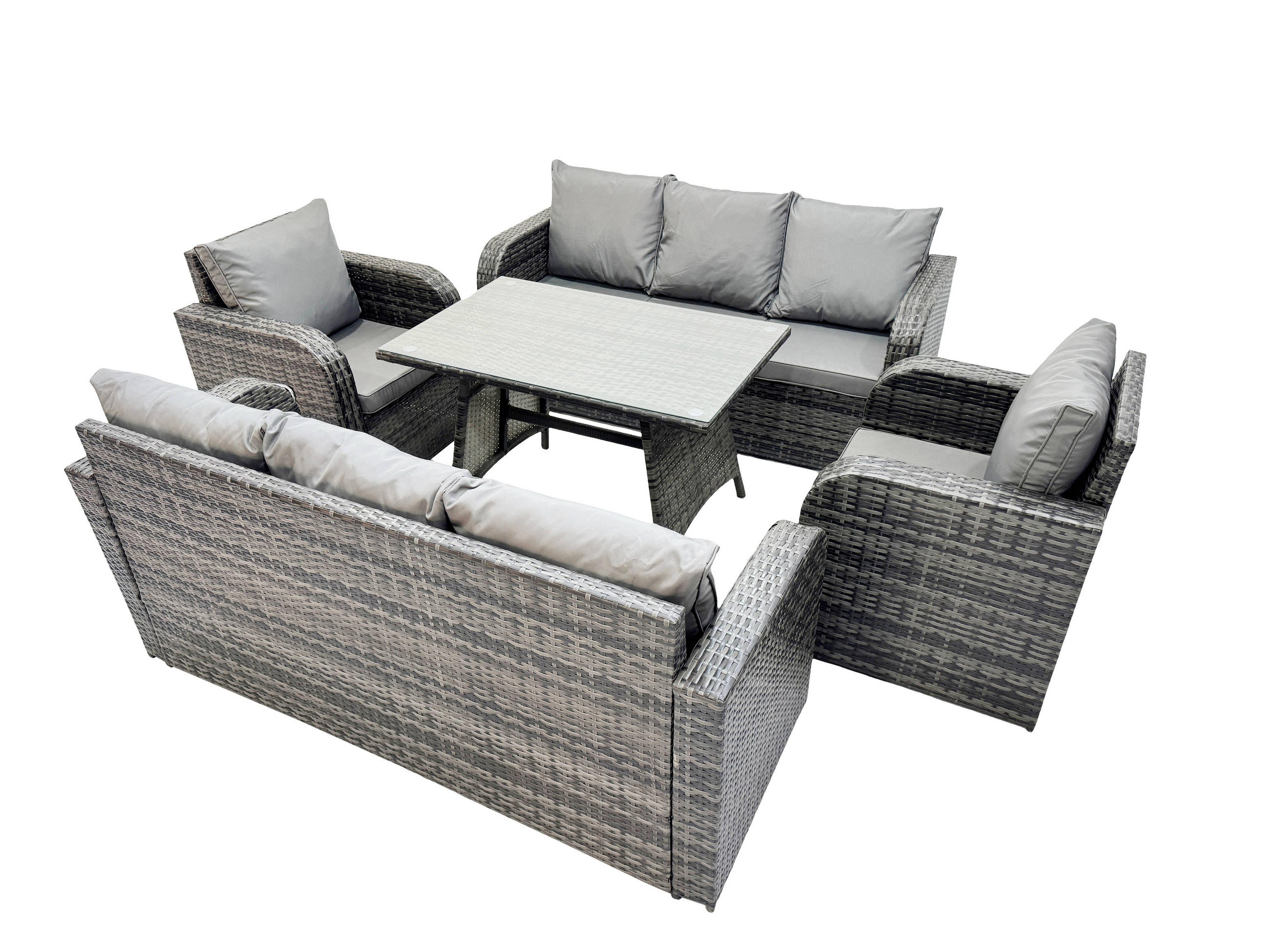 GARTENMÖBEL SET PE Polyrattan Grau - Dunkelgrau/Grau, Glas/Kunststoff - Fimous