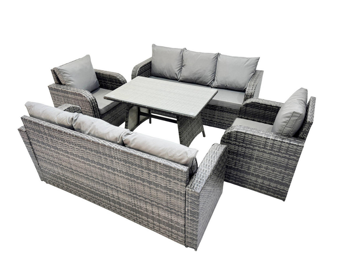 GARTENMÖBEL SET PE Polyrattan Grau - Dunkelgrau/Grau, Glas/Kunststoff - Fimous