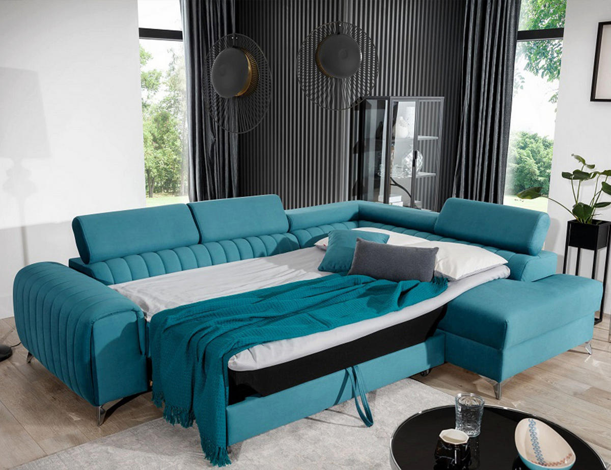 ECKSOFA Laurence mit Schlaffunktion & Bettkasten – 278 x 205 cm, verstellbare Kopfstützen - Blau, Kunststoff (278/205cm) - Wohnideebilder