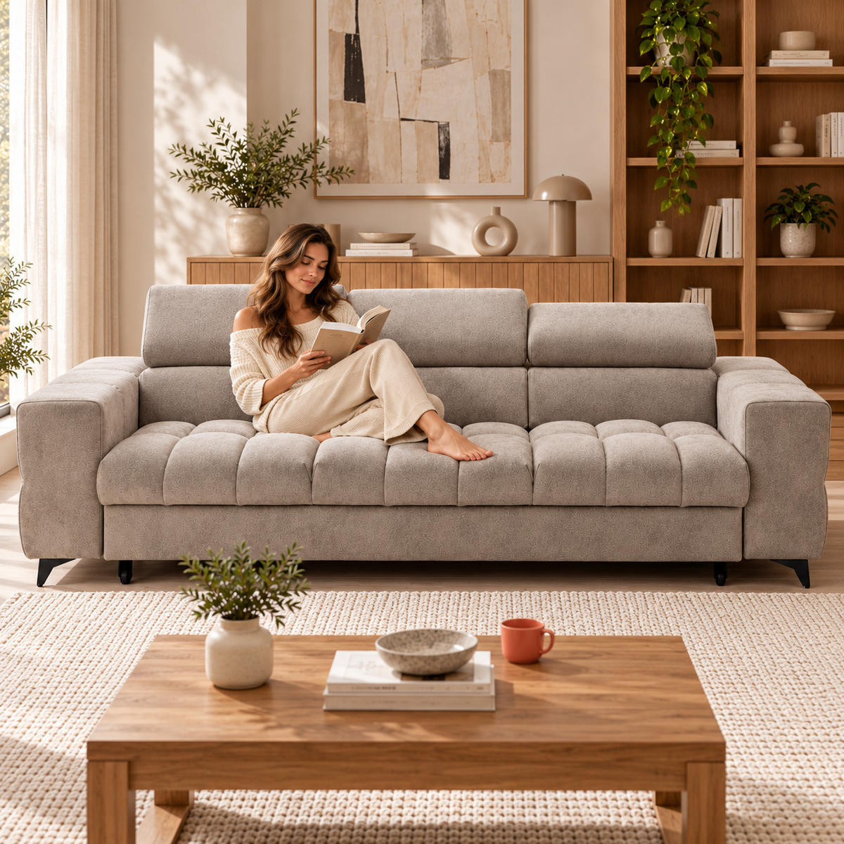 3-SITZER Sofa PUDDING mit Schlaffunktion 127x190 Velours Beige - Beige/Schwarz, Holz/Textil (260/90/100cm) - Muffo