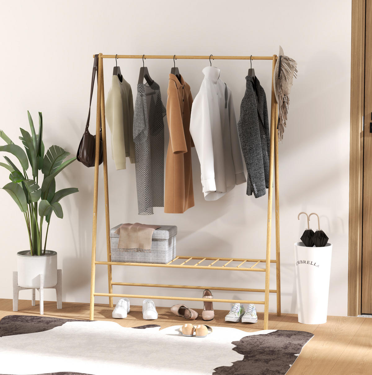GARDEROBENSTÄNDER aus Bambus 116/43,5/160 cm mit Kleiderstange, 2 Haken und Schuhablage, Naturholz - Naturfarben, Naturmaterialien (116/160/43.5cm) - Redom
