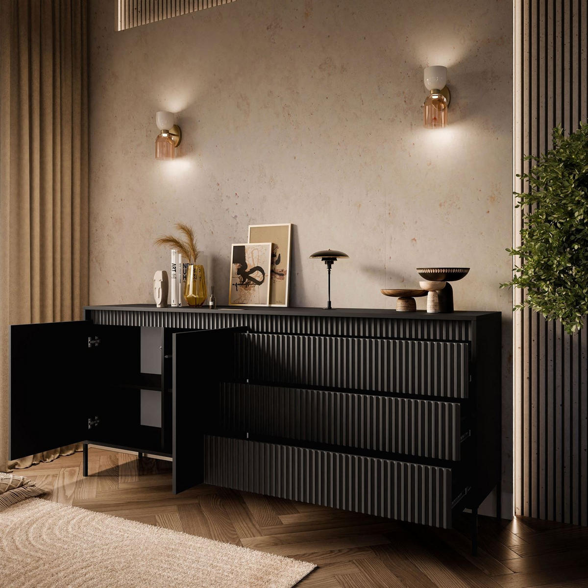 SIDEBOARD YASUMI 187 2D3S mit Schubladen schwarz matt - Schwarz, Holzwerkstoff (187.1/81.4/39.5cm) - Lookway