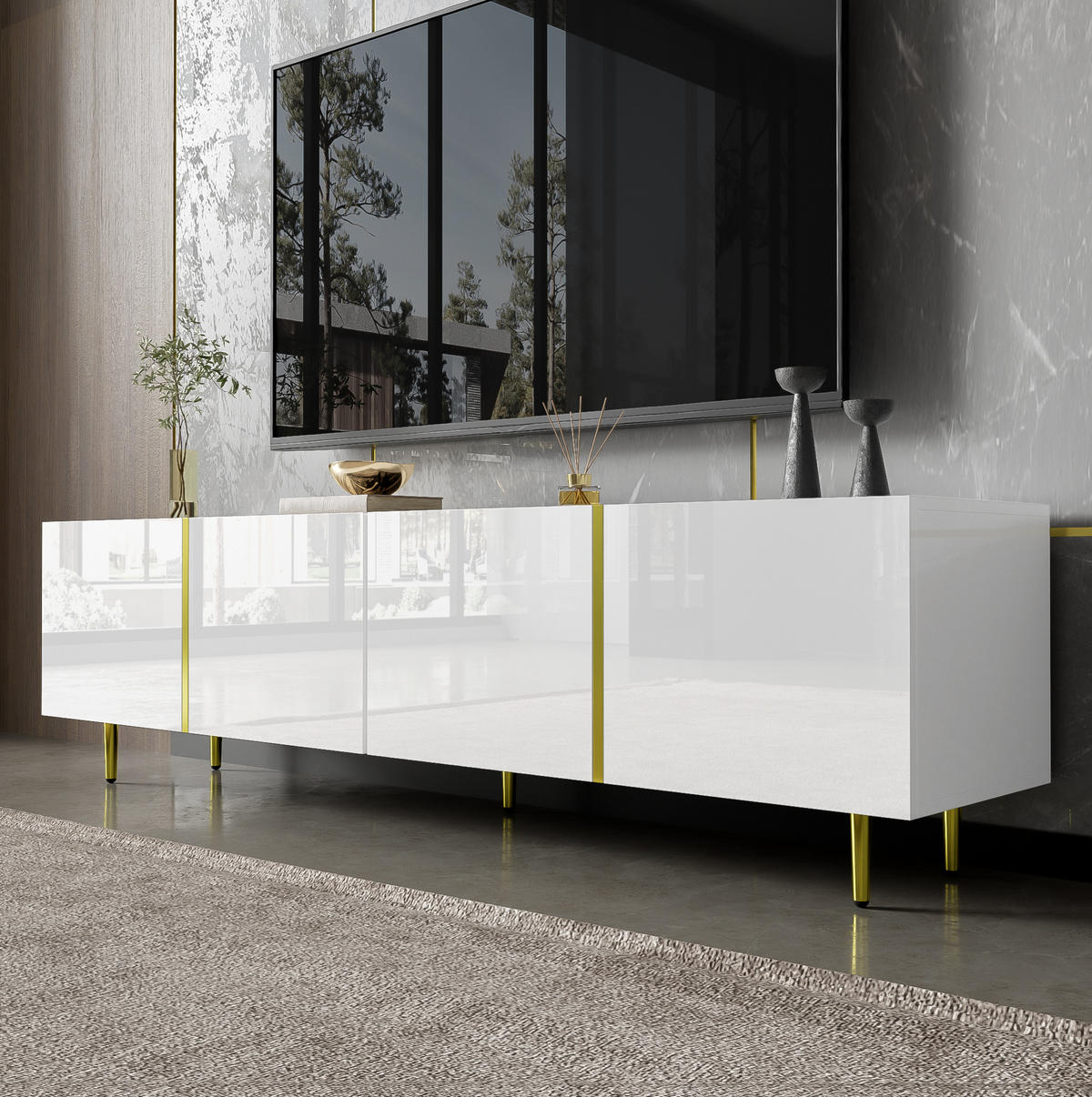 TV-SCHRANK mit 4 Türen 170 cm MDF Weiß Hochglanz - Weiß, Holzwerkstoff (35/46/170cm) - Beauniv