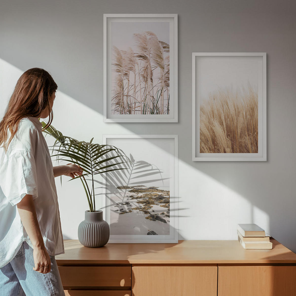 WANDBILDER 3er-Set - 40x60 cm Weißer Rahmen - Pampasgrasfelder und ein Boho-Strand - Weiß, Kunststoff (40/60cm) - ArtPrintCave