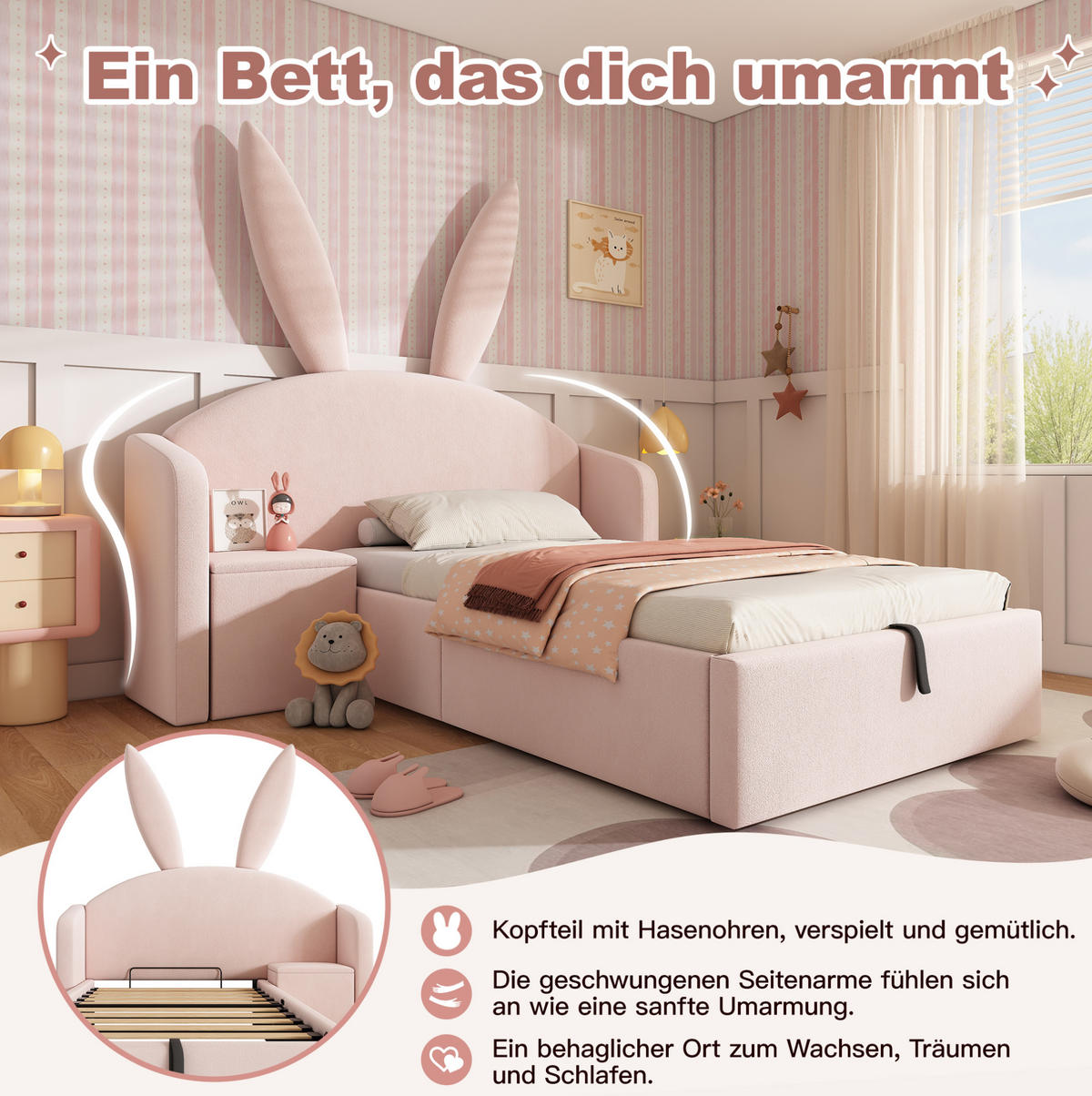 POLSTERBETT 90/190 cm, Rosa mit Nachttisch und Stauraum ohne Matratze - Rosa, Textil (90/190cm) - MIVRAY