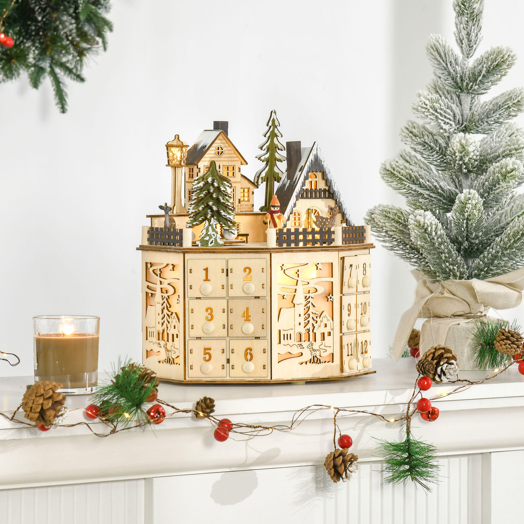 ADVENTSKALENDER Adventskalenderbox mit LED-Lichtern 24 Schubladen Natur - Naturfarben, Holz (20/29/25cm) - HOMCOM