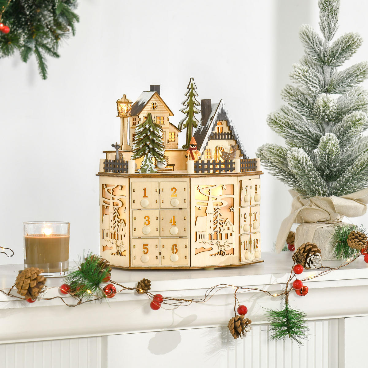 ADVENTSKALENDER Adventskalenderbox mit LED-Lichtern 24 Schubladen Natur - Naturfarben, Holz (20/29/25cm) - HOMCOM