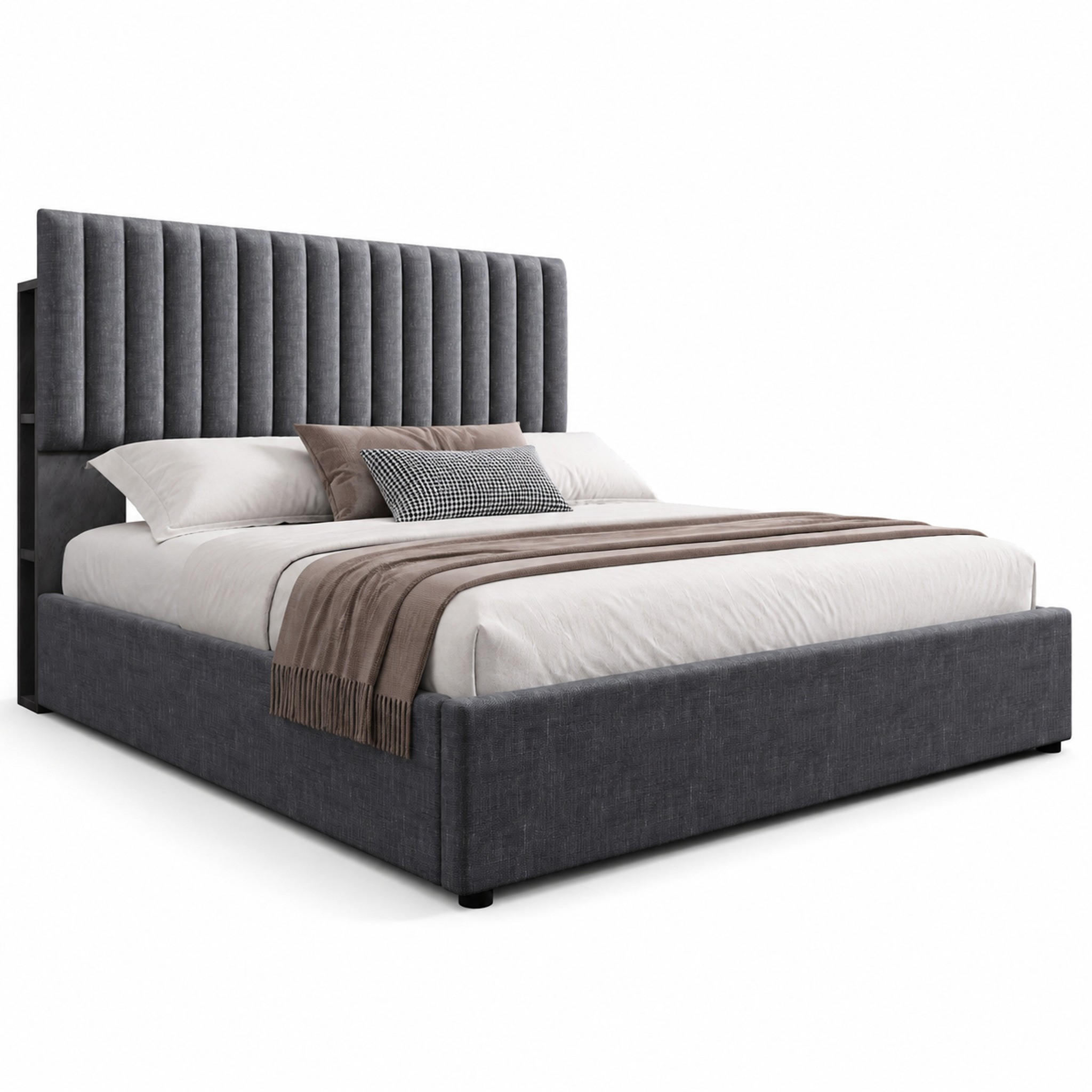 BETT mit Stauraum und LED 140x200 cm Leinen Grau - Grau, Metall (140/200cm) - Meubliv