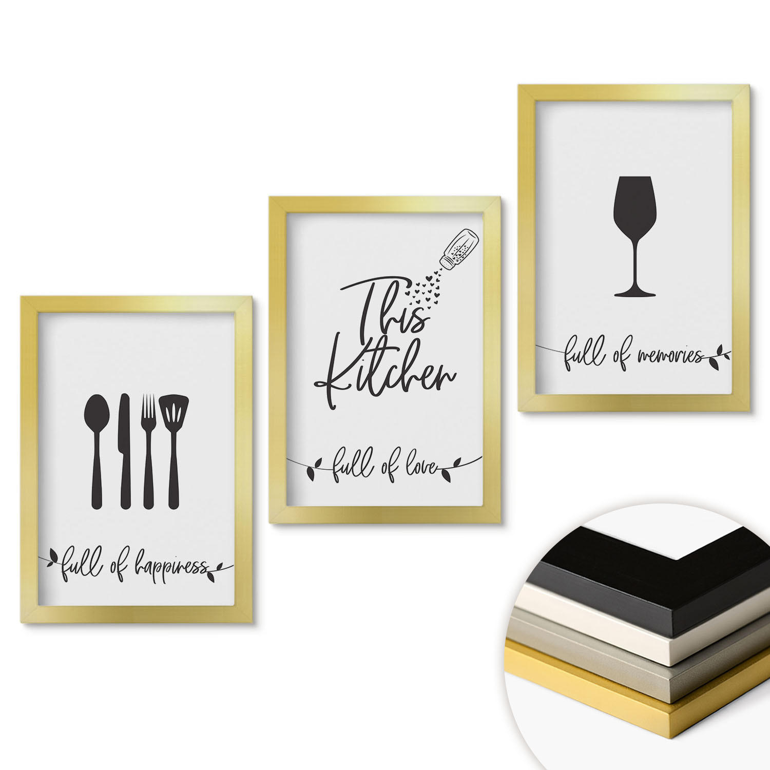 WANDBILDER 3er Set - 20x30 cm Goldrahmen - Küchenutensilienmuster - Goldfarben, Kunststoff (20/30cm) - ArtPrintCave